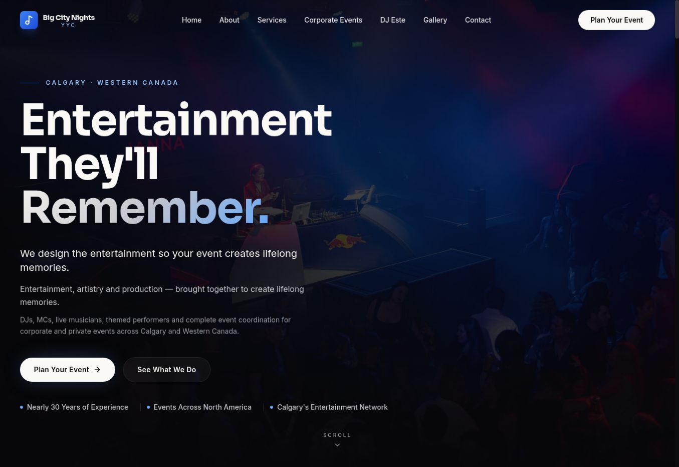Screenshot of the Big City Nights YYC homepage